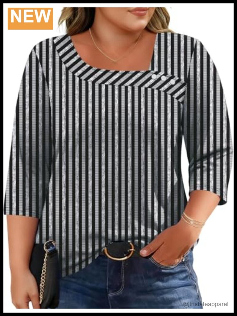 Plus Size 3/4 Sleeve Asymmetrical Neck Button Front Tunic Blouse
